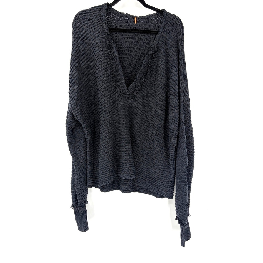 Free People Oversized V-Neck Ribbed Knit Sweater Frayed Edge Charcoal Black - Picture 1 of 3